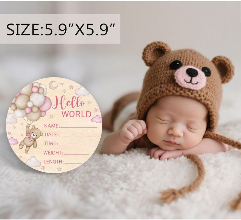 Andrain Double-Sided Wooden Newborn Birth Sign, Pink Bear Baby Announcement Sign, Girl Bear Hello World Name Sign for Hospital, Gift for New Mom Baby Shower, Photography Prop - Image 3